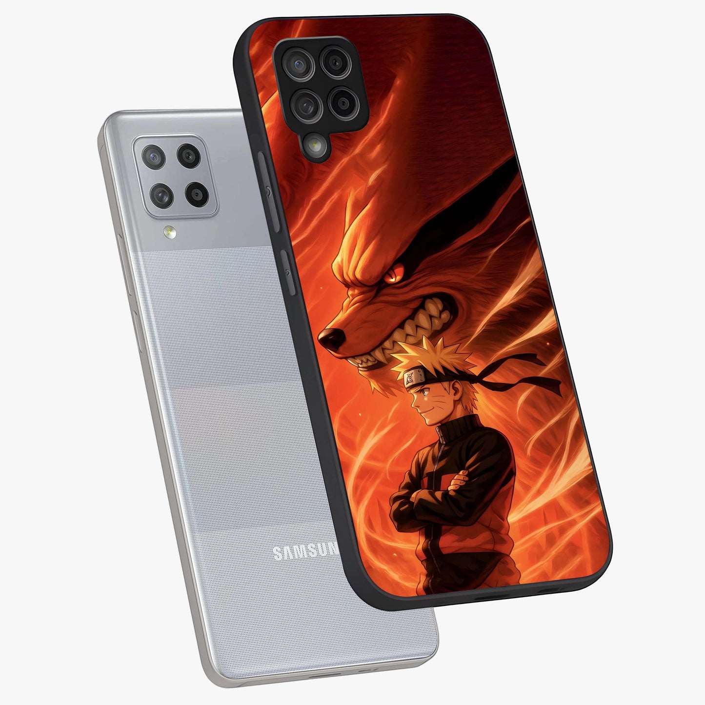 Nine Tails Legacy Glass Case displayed in angled mockup highlighting dynamic anime beast illustration with bold mystical aesthetic.