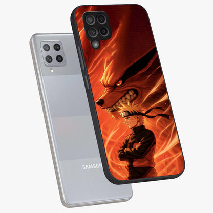 Nine Tails Legacy Glass Case displayed in angled mockup highlighting dynamic anime beast illustration with bold mystical aesthetic.