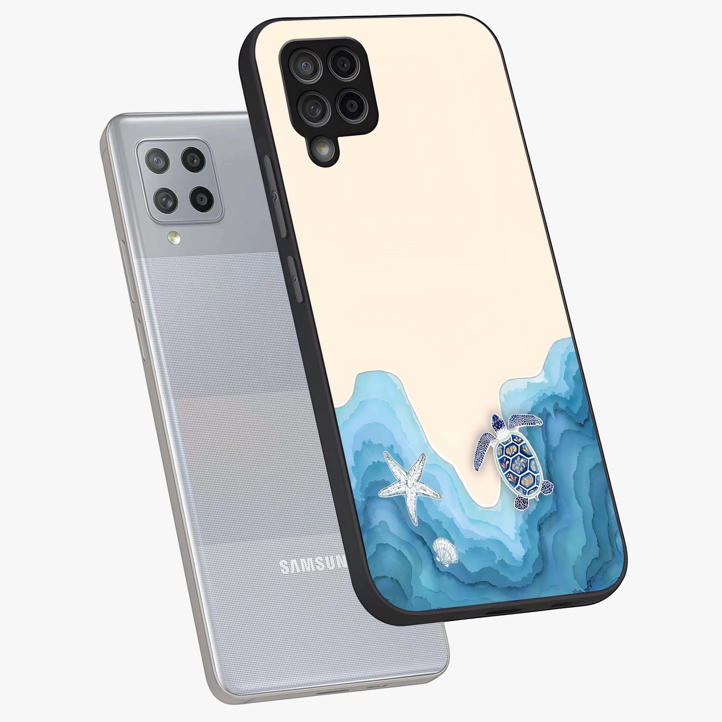 Ocean Drift Turtle Glass Case displayed in angled mockup highlighting peaceful ocean turtle illustration with marine aesthetic.