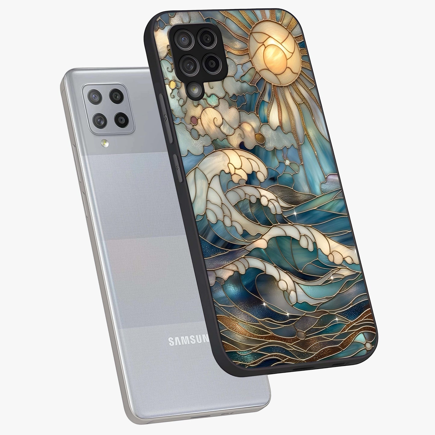 Oceanic Stained Printed Glass Case displayed in angled mockup highlighting colorful aquatic design with artistic aesthetic style.