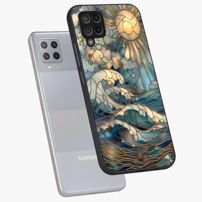 Oceanic Stained Printed Glass Case displayed in angled mockup highlighting colorful aquatic design with artistic aesthetic style.