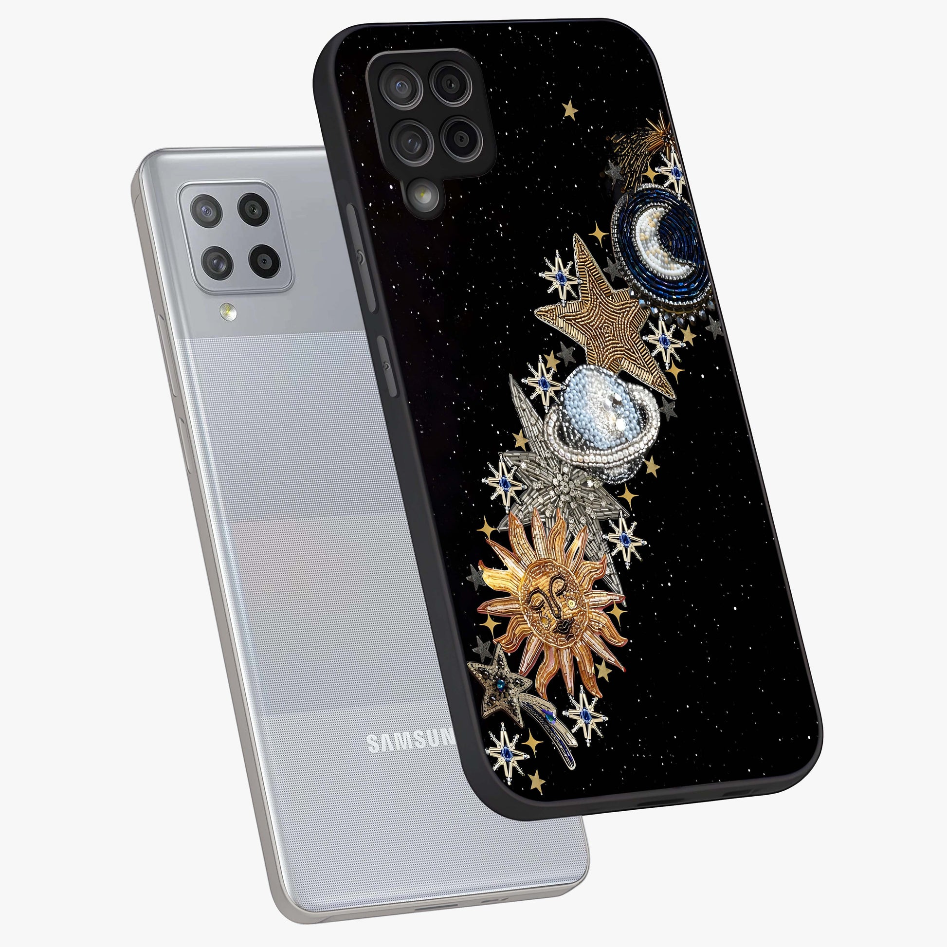 Pearls Universe Object Glass Case displayed in angled mockup highlighting celestial pearl design with dreamy aesthetic.