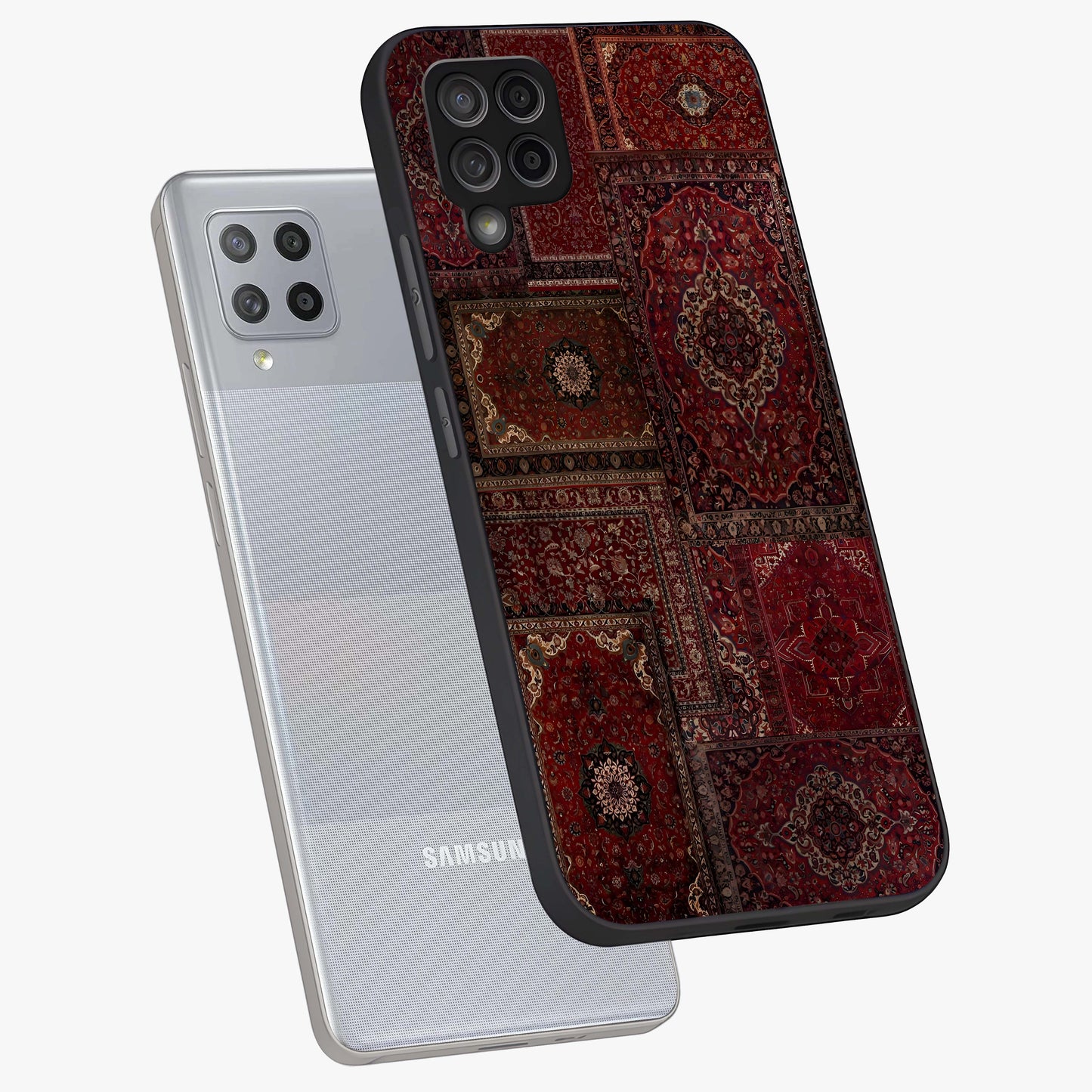 Persian Velvet Tale Glass Case displayed in angled mockup highlighting ornate textile inspired design with royal aesthetic.