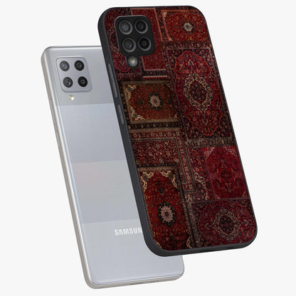 Persian Velvet Tale Glass Case displayed in angled mockup highlighting ornate textile inspired design with royal aesthetic.