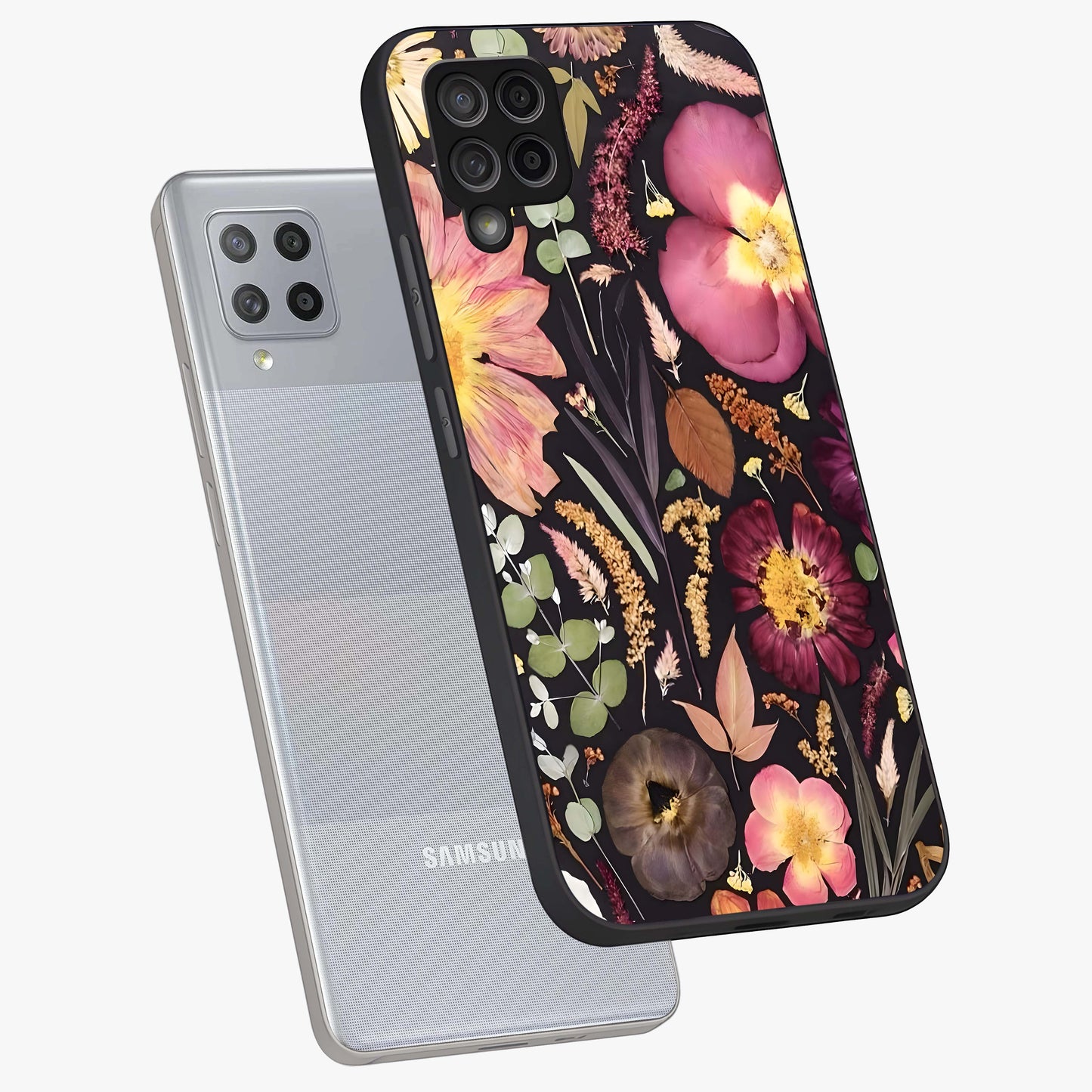 Petal Dream Tapestry Glass Case displayed in angled mockup highlighting decorative petal pattern with elegant botanical aesthetic.