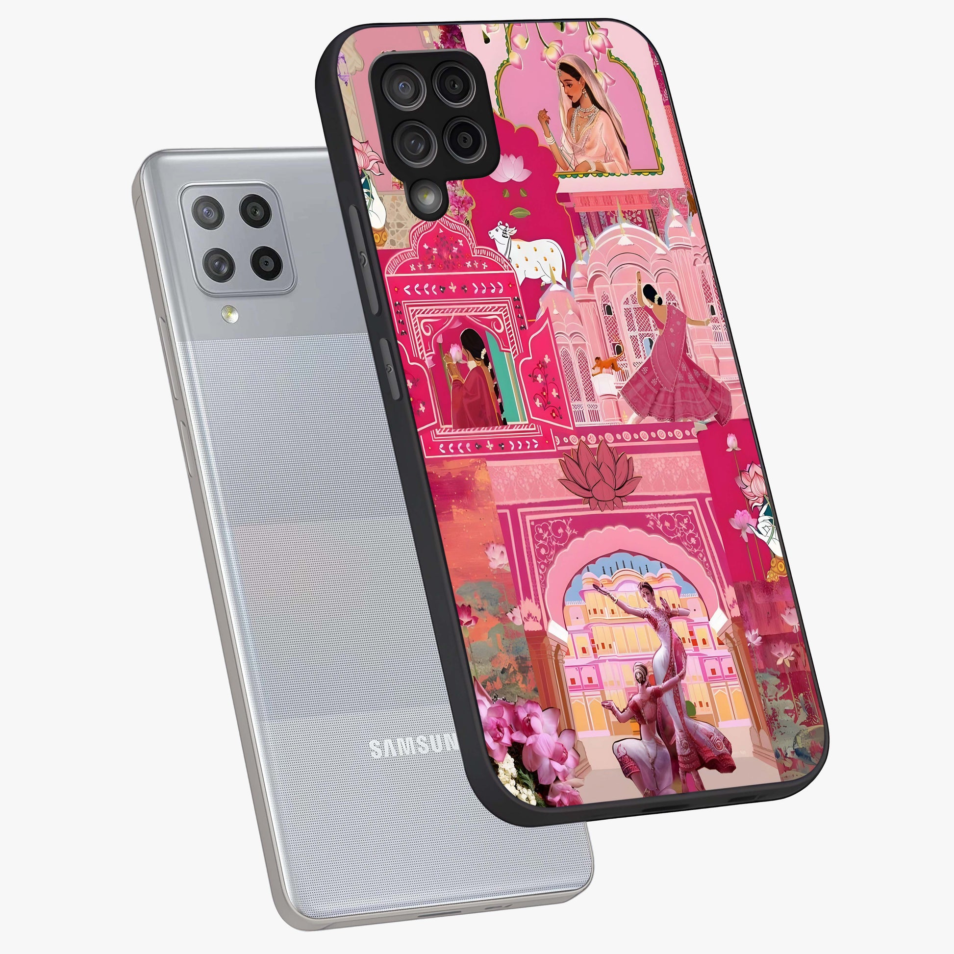 Pink Palace Muse Glass Case displayed in angled mockup highlighting dreamy palace illustration with soft pink aesthetic.