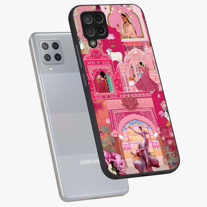 Pink Palace Muse Glass Case displayed in angled mockup highlighting dreamy palace illustration with soft pink aesthetic.