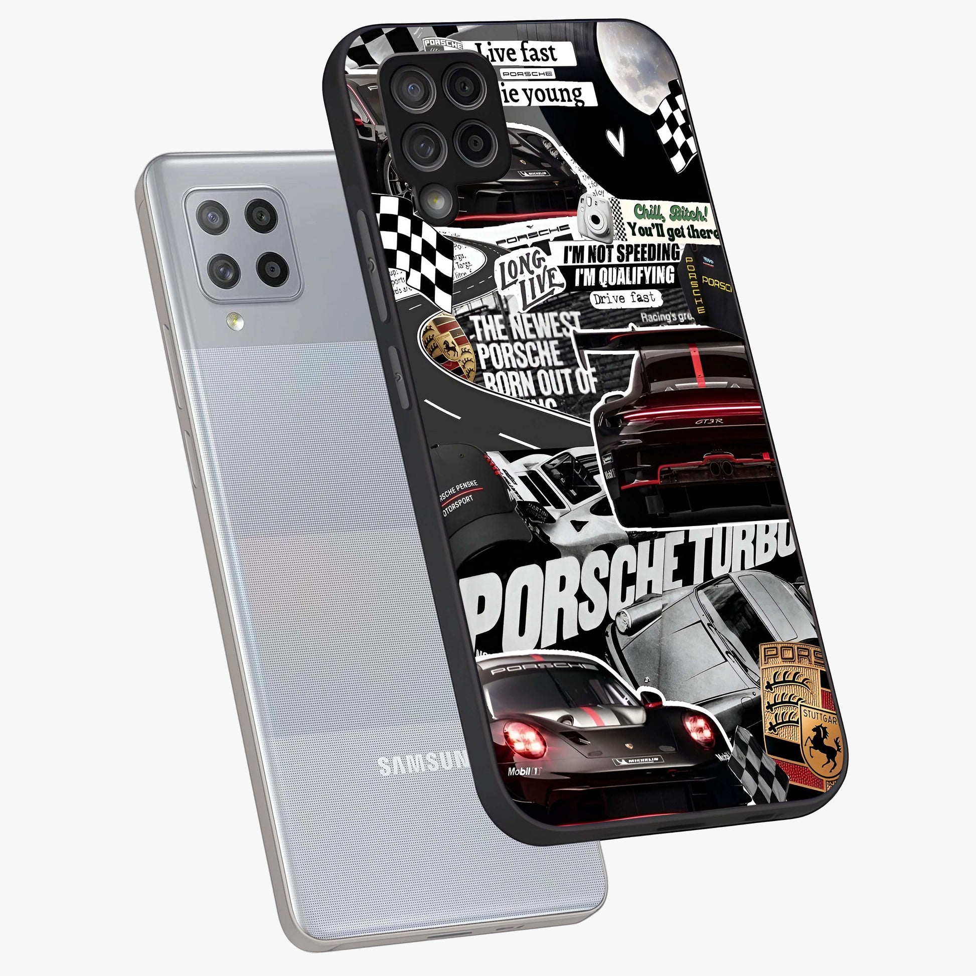 Porsche Racing Collage Glass Case displayed in angled mockup highlighting dynamic automotive design with bold racing aesthetic.