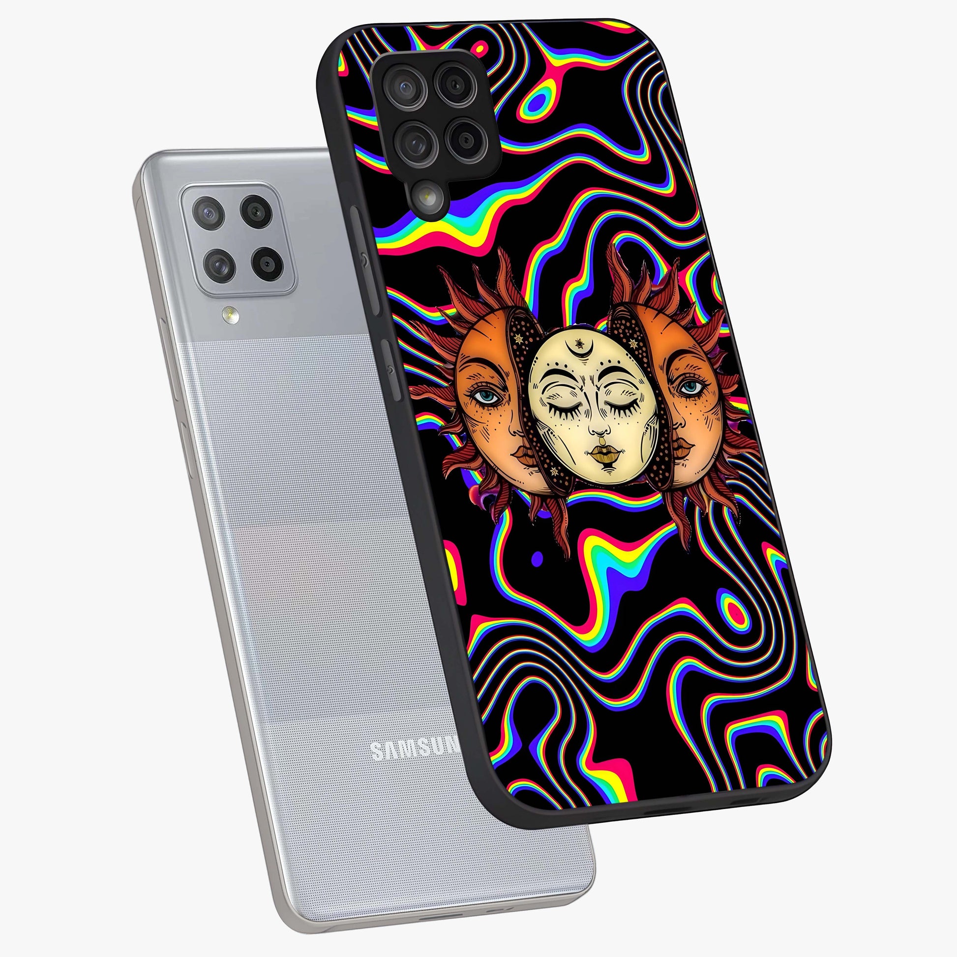 Psychedelic Sun Glass Case displayed in angled mockup highlighting vibrant abstract sun design with artistic aesthetic style.