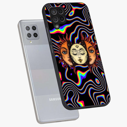 Psychedelic Sun Glass Case displayed in angled mockup highlighting vibrant abstract sun design with artistic aesthetic style.