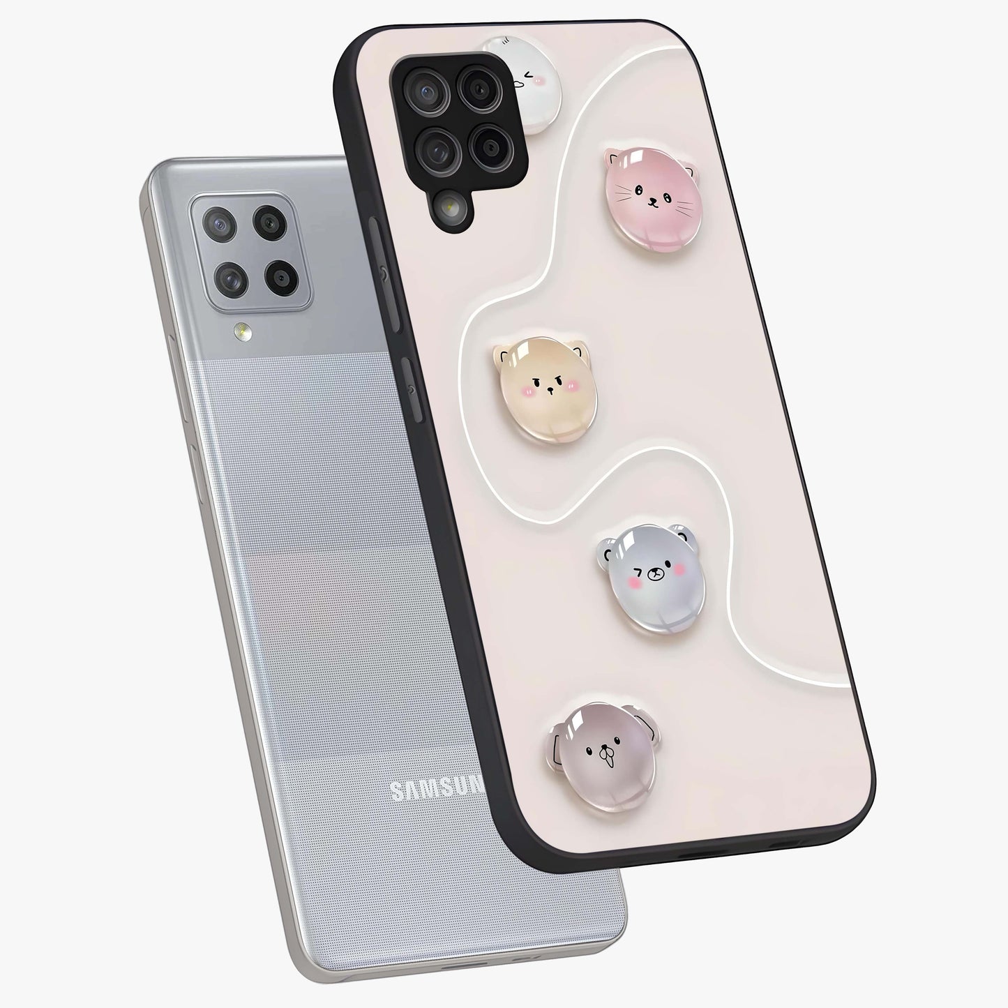 Puffy Face Parade Glass Case displayed in angled mockup highlighting playful cartoon face design with fun aesthetic.