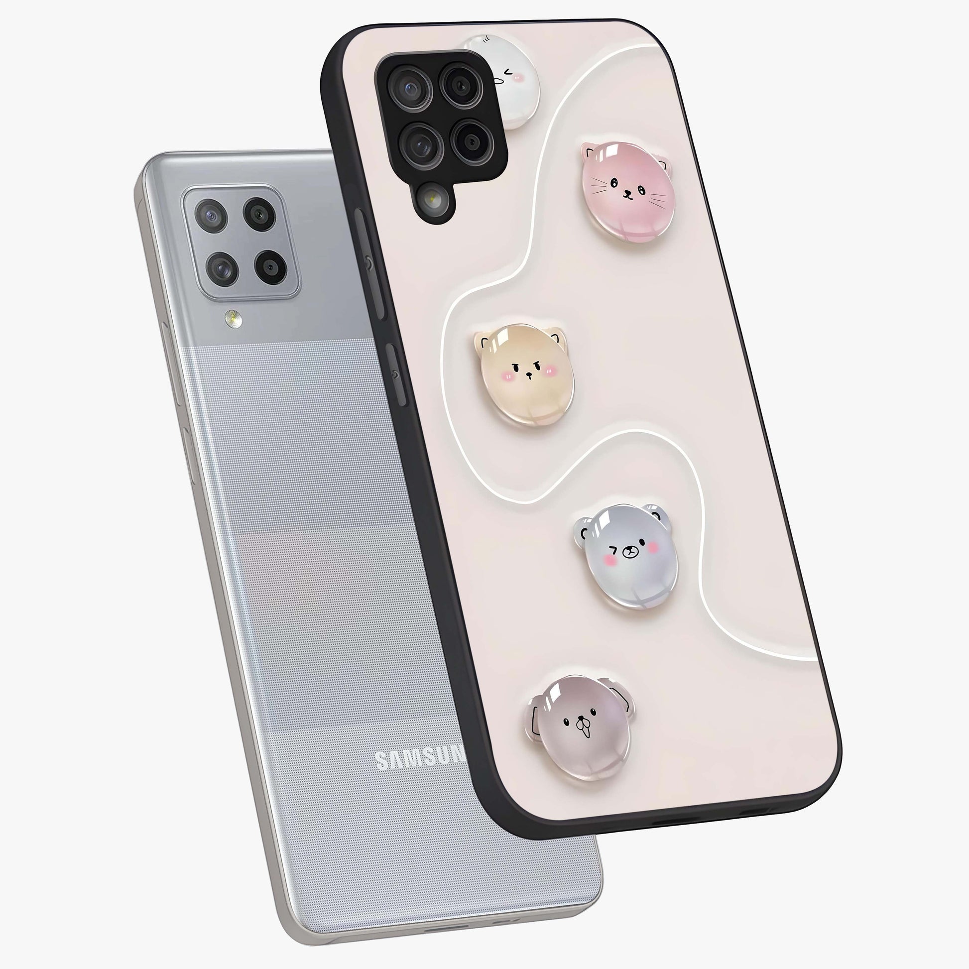 Puffy Face Parade Glass Case displayed in angled mockup highlighting playful cartoon face design with fun aesthetic.