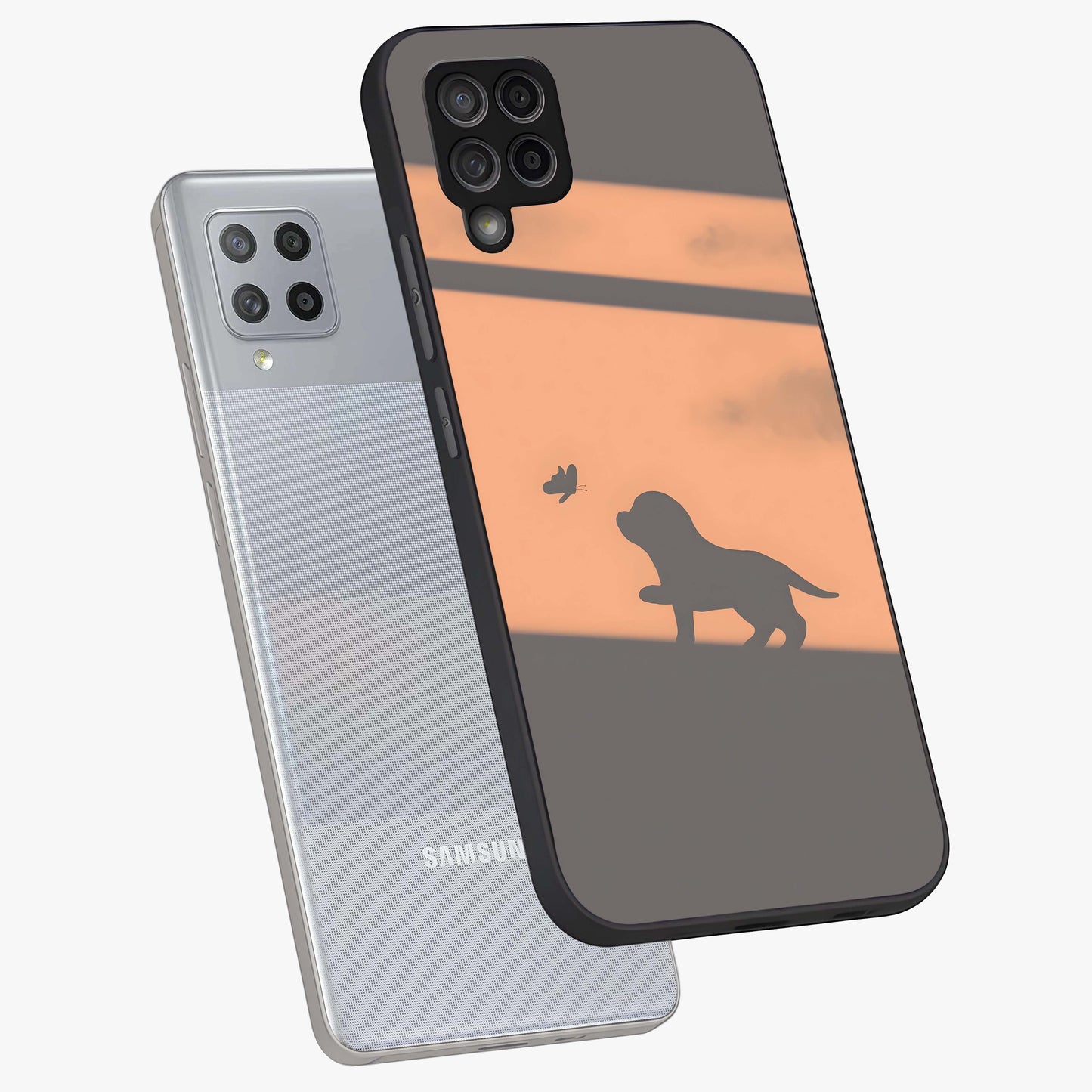 Puppy Shadow Art Glass Case displayed in angled mockup highlighting playful dog illustration with artistic shadow aesthetic.