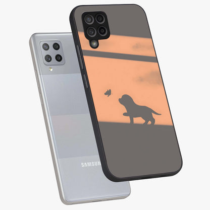 Puppy Shadow Art Glass Case displayed in angled mockup highlighting playful dog illustration with artistic shadow aesthetic.