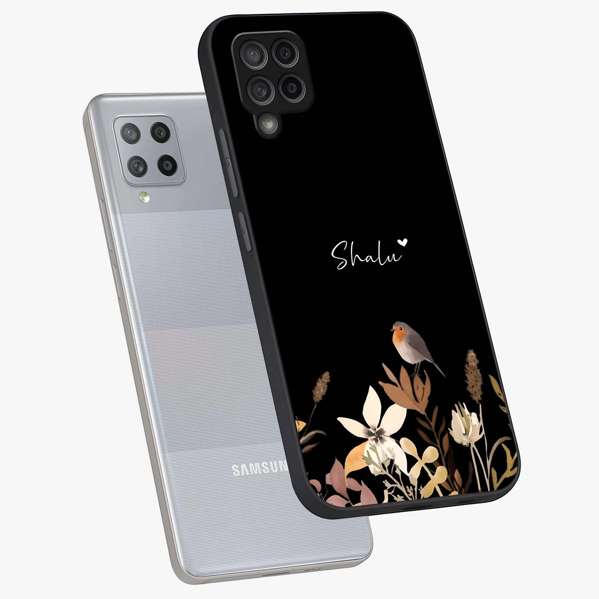 Quiet Garden Tune Custom Name Glass Case displayed in angled mockup highlighting delicate floral garden design with custom name feature.