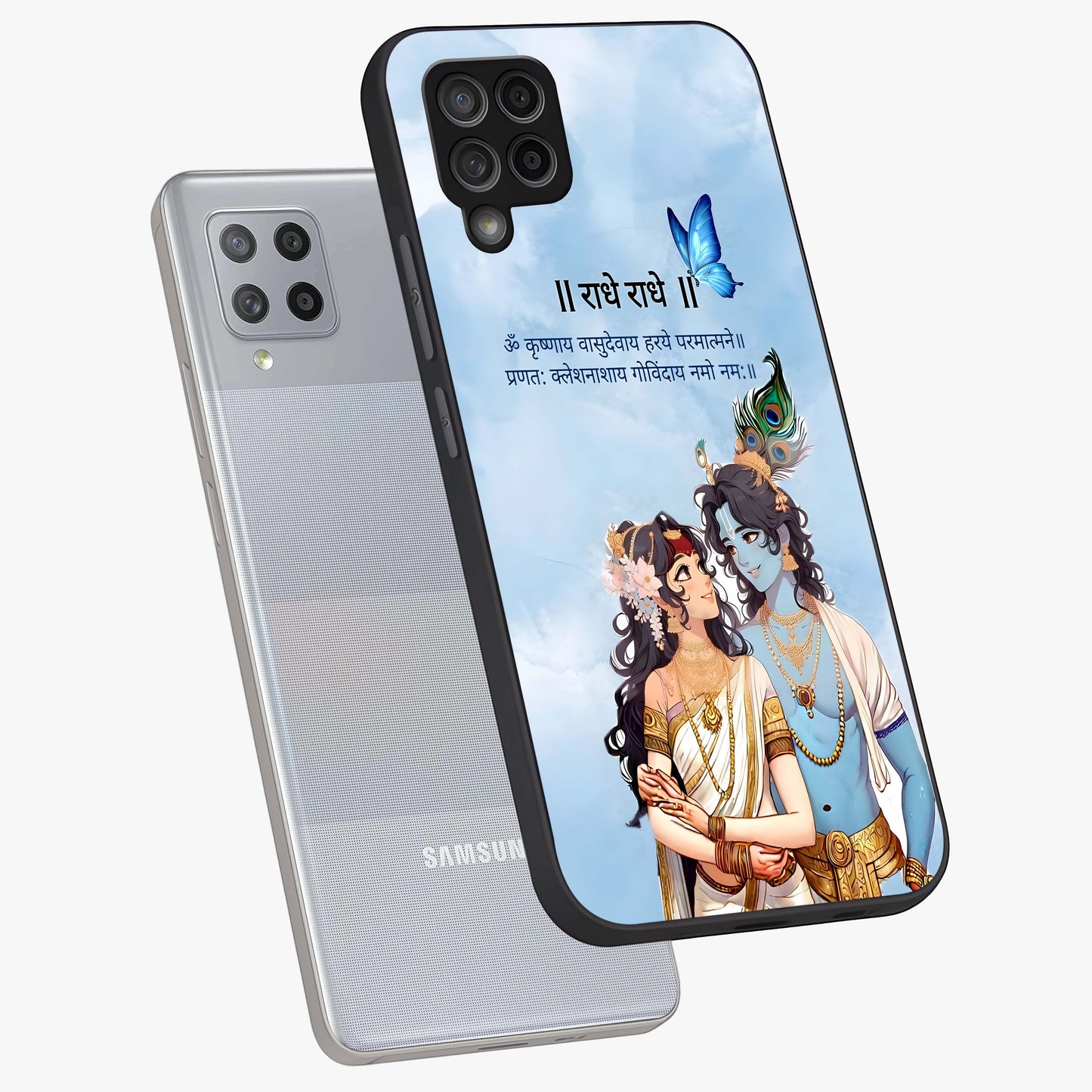 Radha Krishna Eternal Glass Case displayed in angled mockup highlighting divine Radha Krishna illustration with spiritual aesthetic.