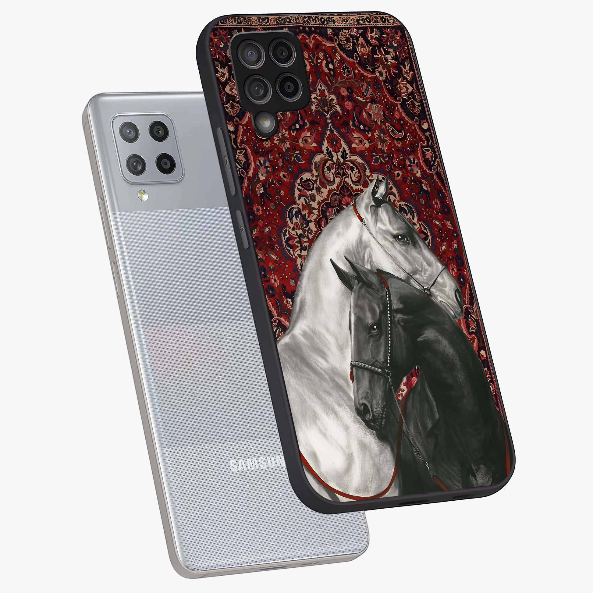 Regal Stallion Tapestry Glass Case displayed in angled mockup highlighting royal stallion design with decorative heritage aesthetic.