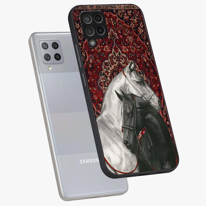 Regal Stallion Tapestry Glass Case displayed in angled mockup highlighting royal stallion design with decorative heritage aesthetic.
