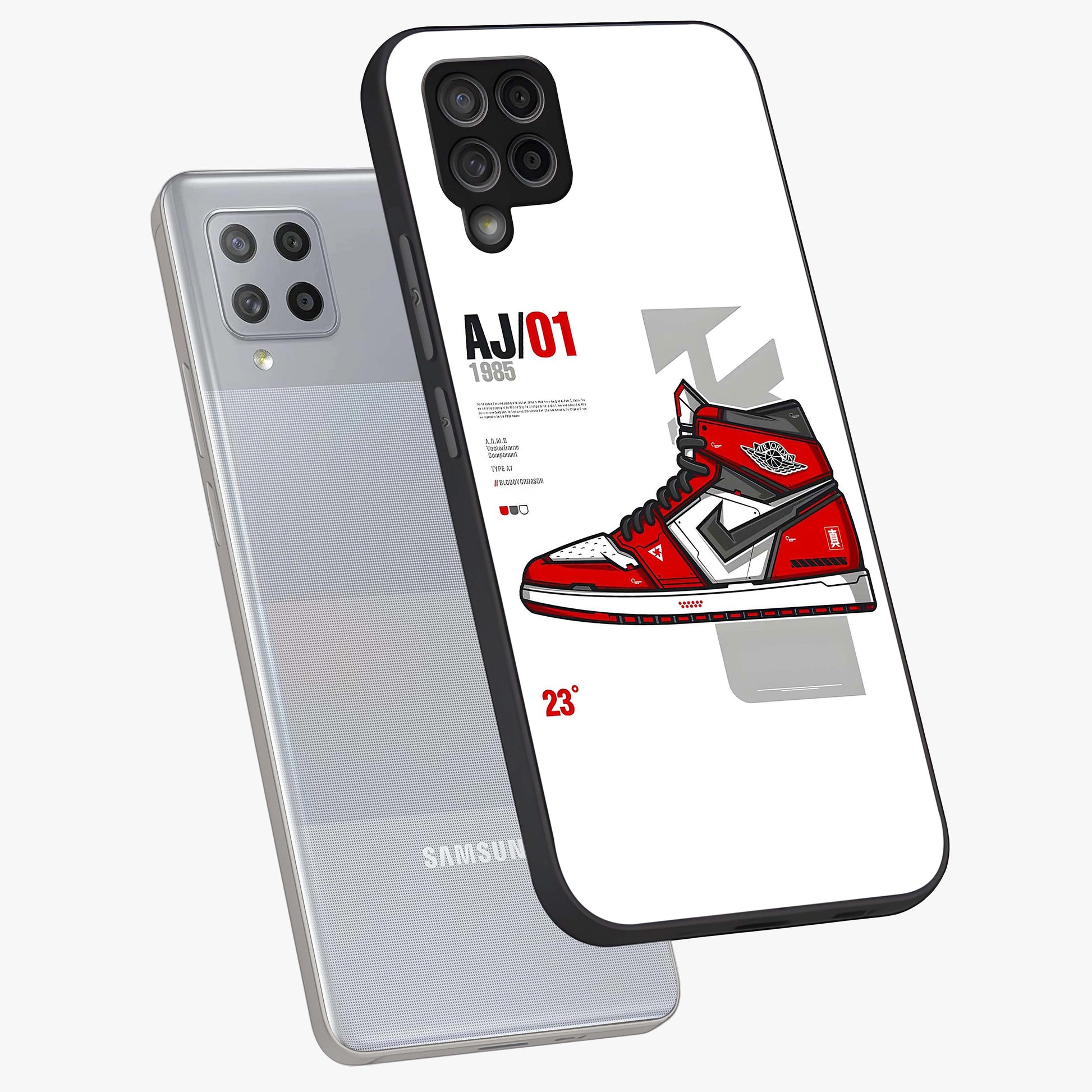 Retro Sneaker Blueprint Glass Case displayed in angled mockup highlighting detailed shoe design with sporty retro aesthetic.