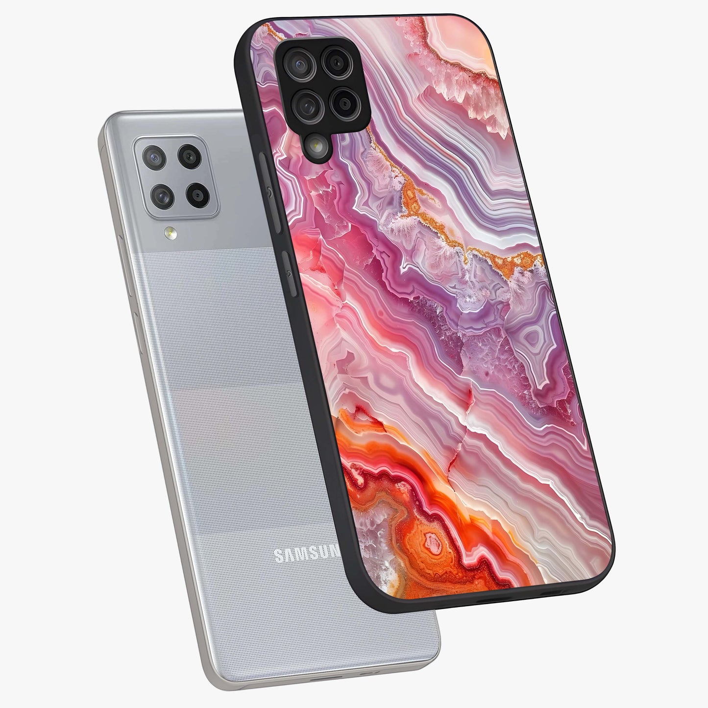 Rose Quartz Marble Glass Case displayed in angled mockup highlighting elegant marble pattern with soft aesthetic style.