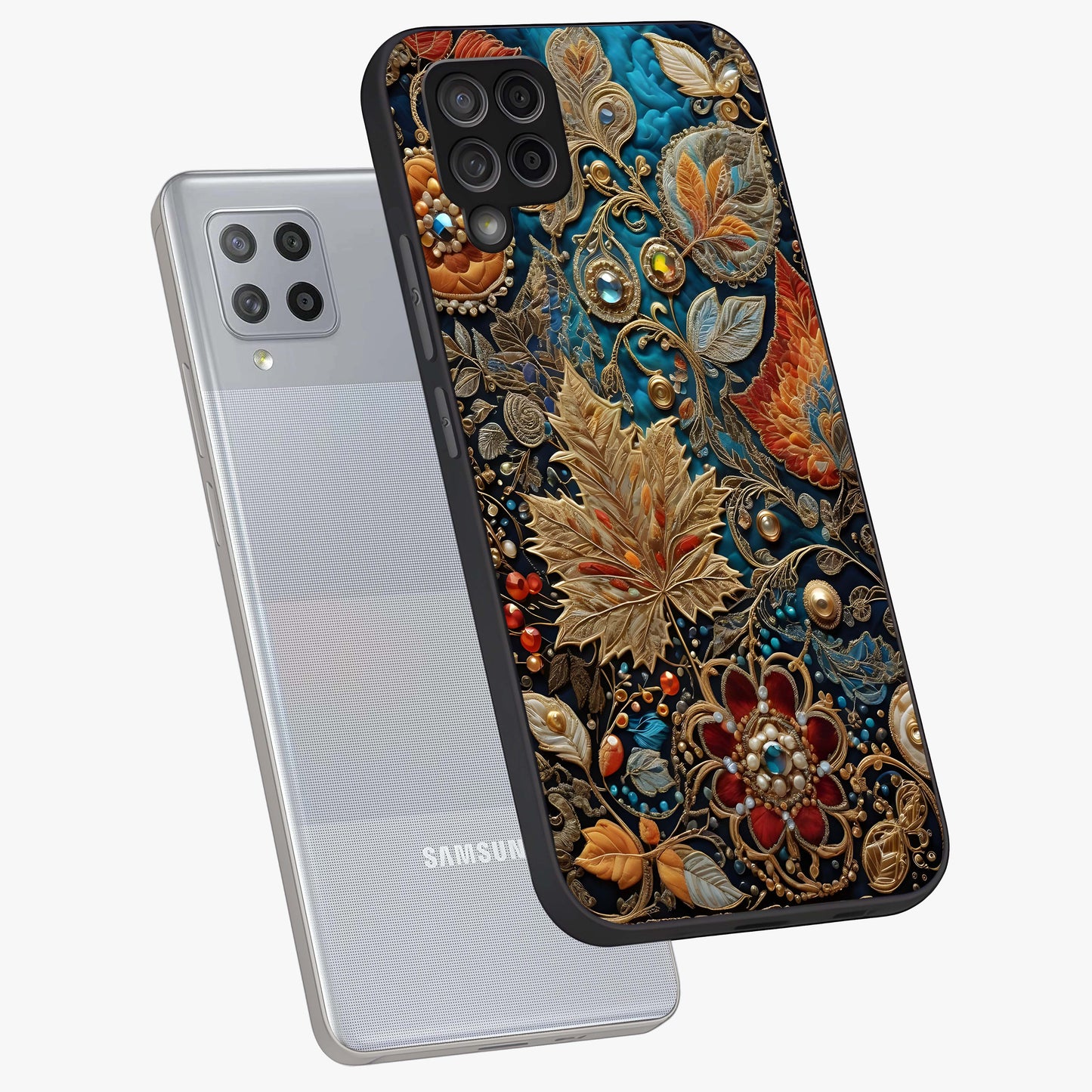 Royal Jewel Garden Glass Case displayed in angled mockup highlighting vibrant jewel inspired floral design with elegant aesthetic.
