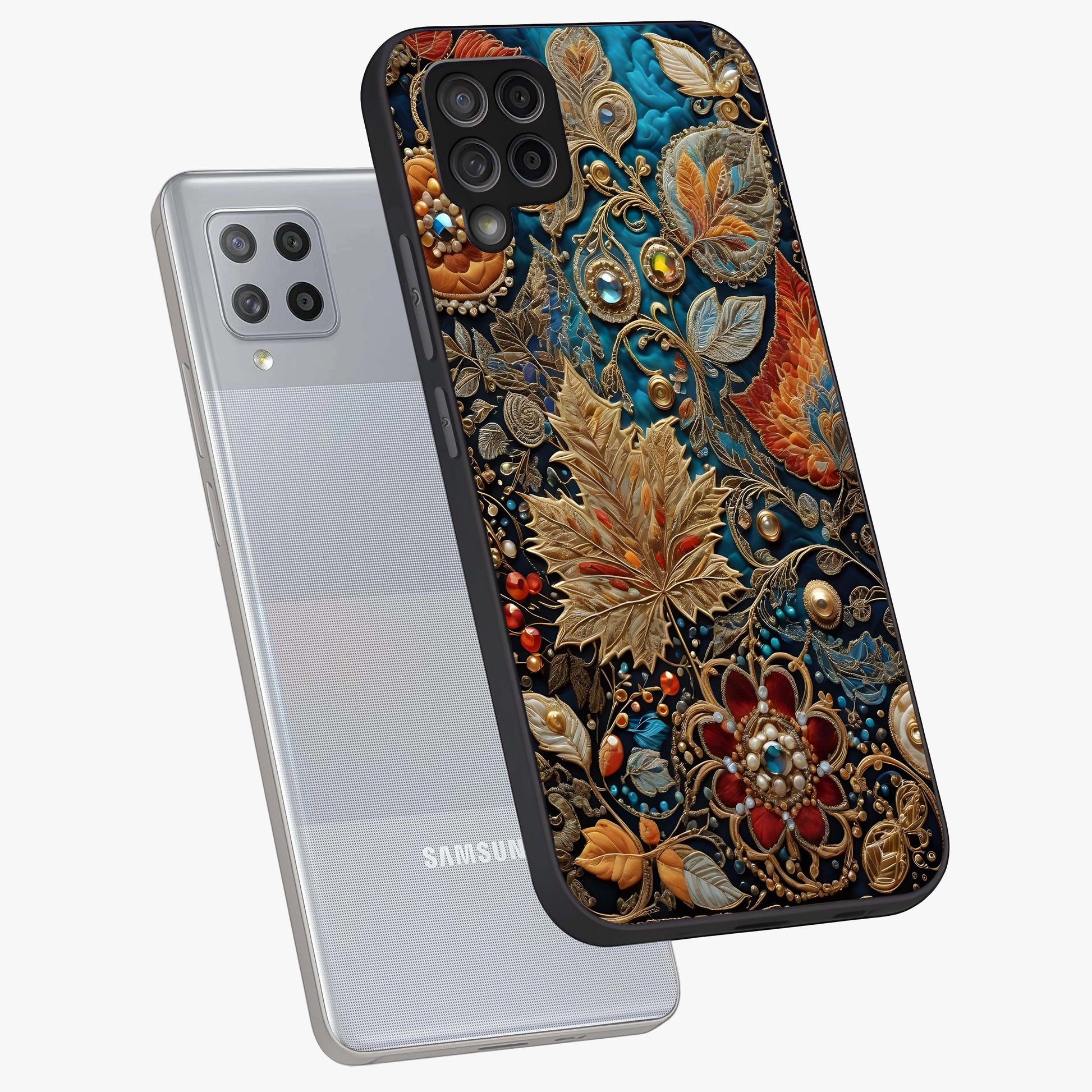Royal Jewel Garden Glass Case displayed in angled mockup highlighting vibrant jewel inspired floral design with elegant aesthetic.