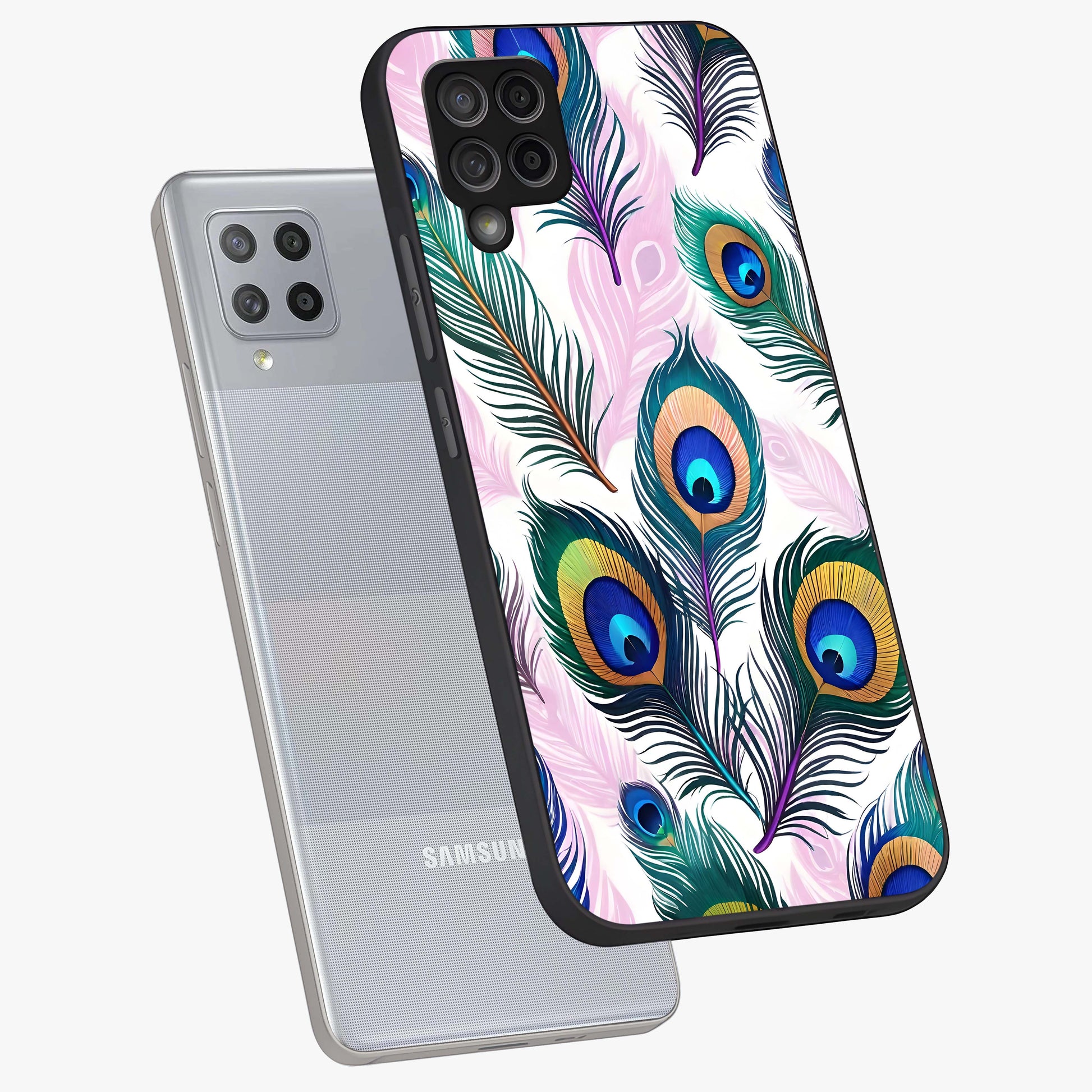 Royal Peacock Feathers Glass Case displayed in angled mockup highlighting vibrant feather pattern with regal aesthetic style.