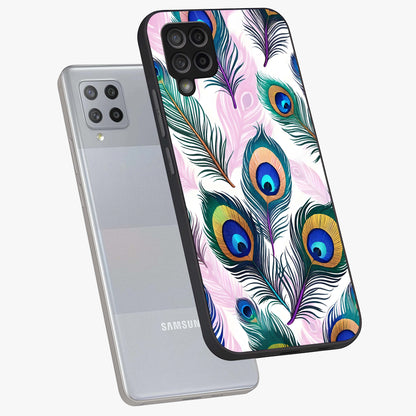 Royal Peacock Feathers Glass Case displayed in angled mockup highlighting vibrant feather pattern with regal aesthetic style.