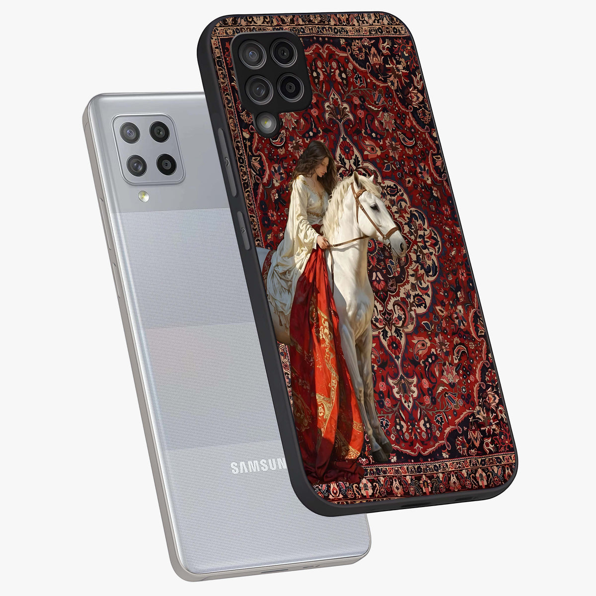 Royal Rider Tapestry Glass Case displayed in angled mockup highlighting traditional tapestry design with royal heritage aesthetic.