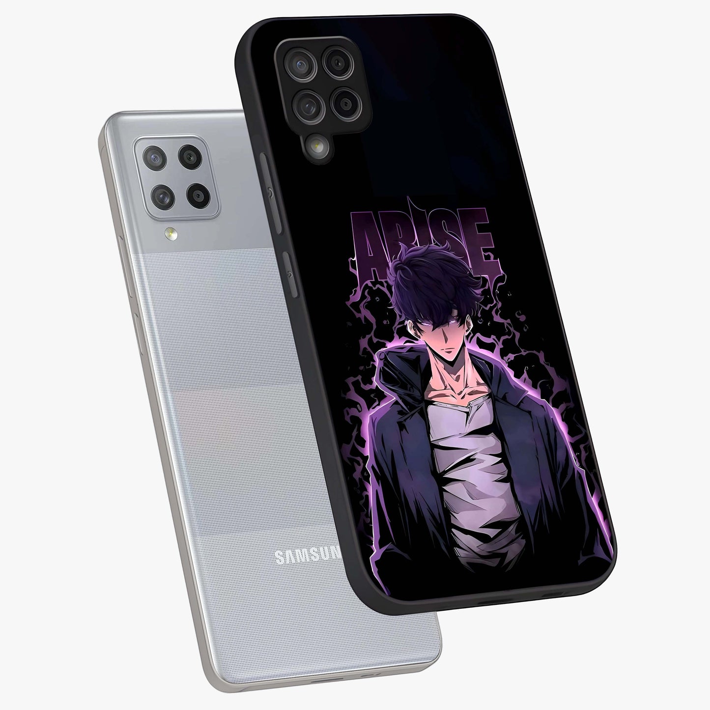 Shadow Monarch Awakening Glass Case displayed in angled mockup highlighting dramatic shadow warrior design with fantasy aesthetic.