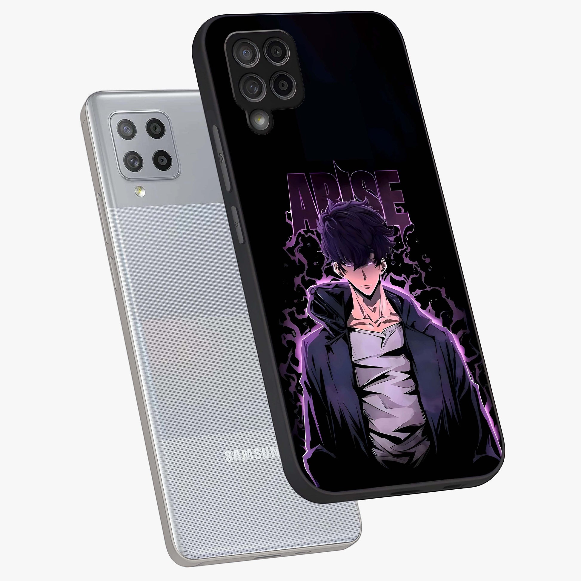 Shadow Monarch Awakening Glass Case displayed in angled mockup highlighting dramatic shadow warrior design with fantasy aesthetic.
