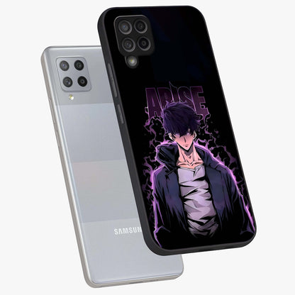 Shadow Monarch Awakening Glass Case displayed in angled mockup highlighting dramatic shadow warrior design with fantasy aesthetic.