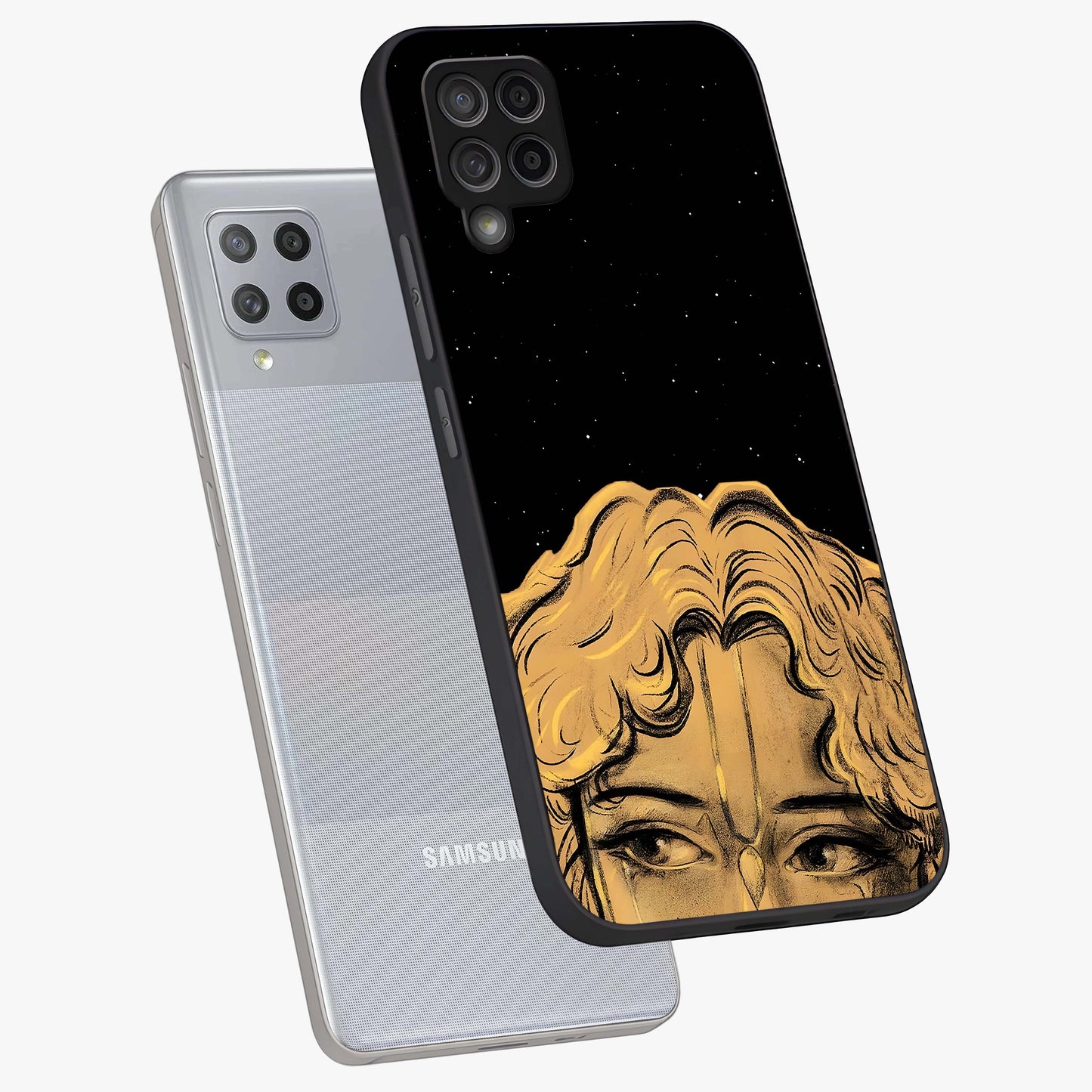 Shri Krishna Art Glass Case displayed in angled mockup highlighting spiritual Krishna illustration with divine aesthetic.