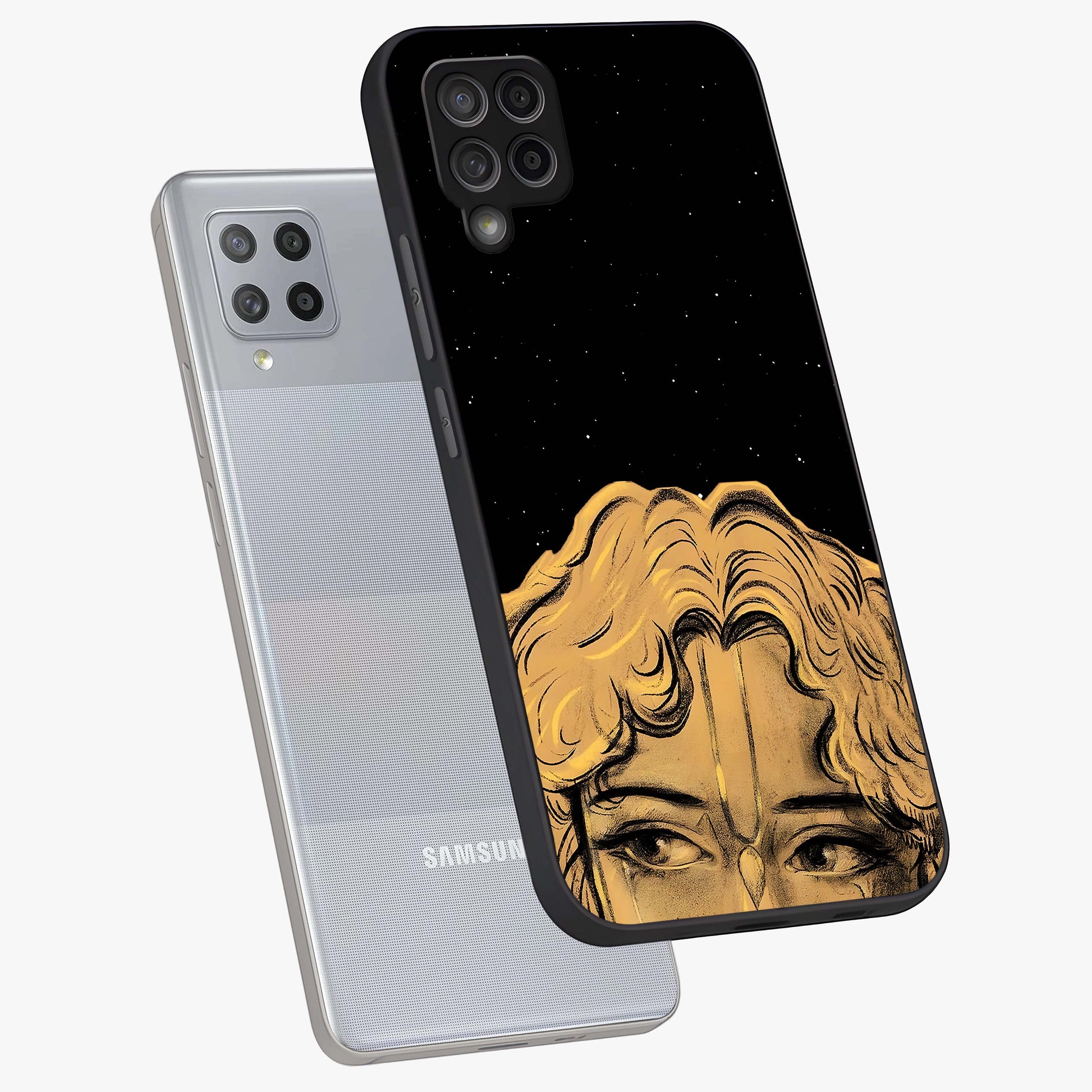 Shri Krishna Art Glass Case displayed in angled mockup highlighting spiritual Krishna illustration with divine aesthetic.