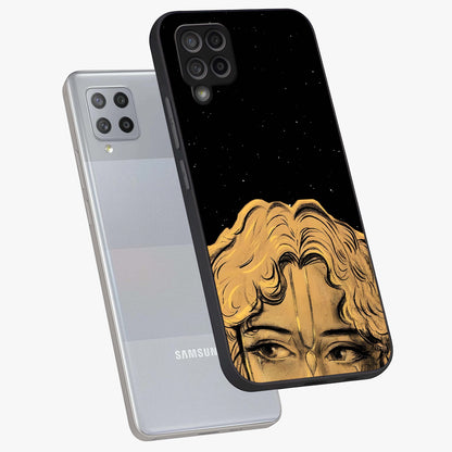 Shri Krishna Art Glass Case displayed in angled mockup highlighting spiritual Krishna illustration with divine aesthetic.
