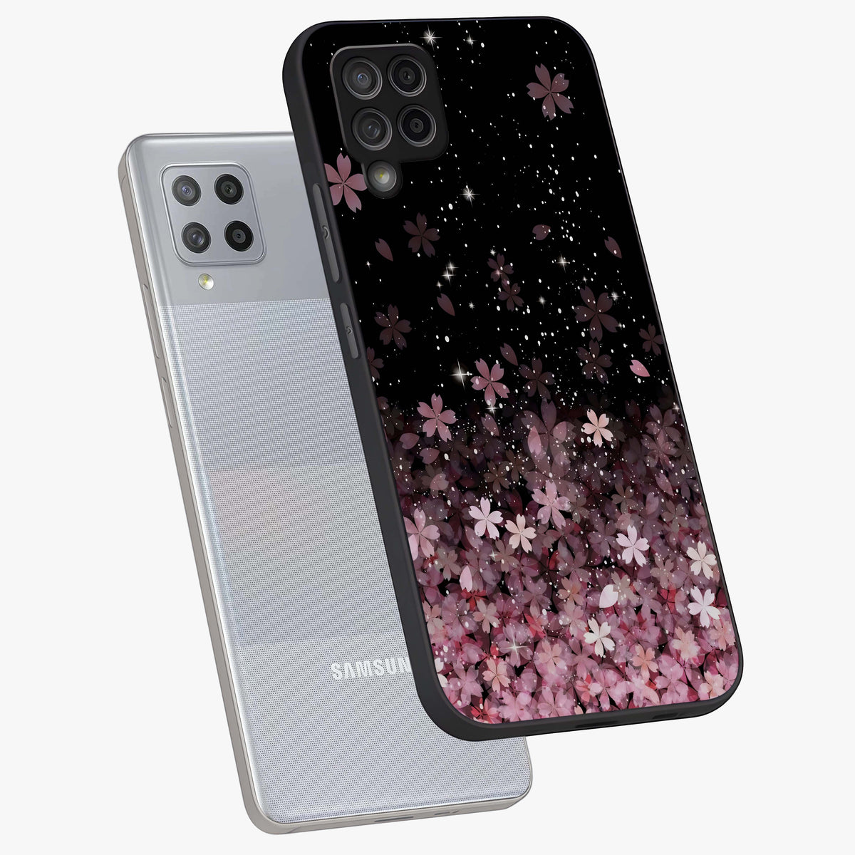 Small Starry Flowers Glass Case displayed in angled mockup highlighting tiny flower pattern with celestial aesthetic style.