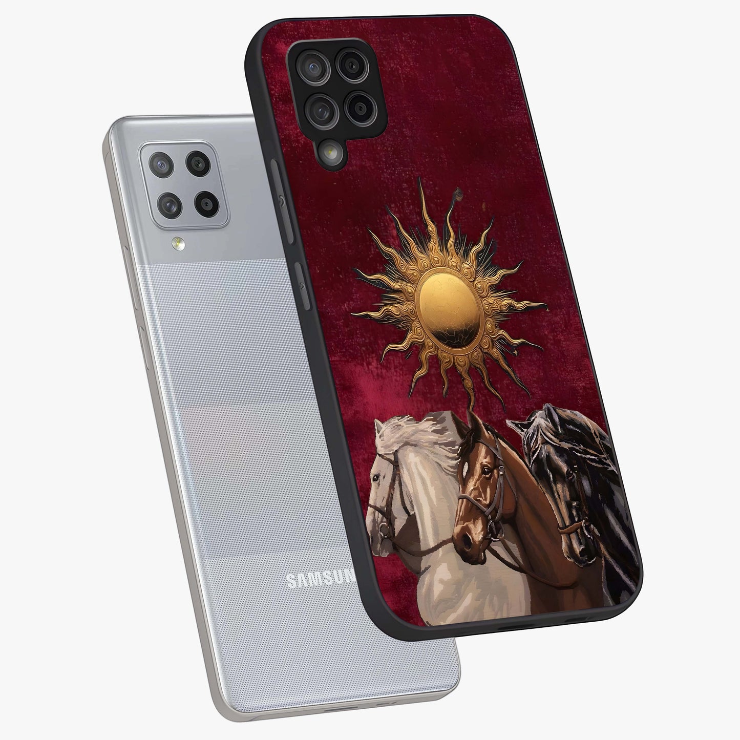 Solar Riders Glass Case displayed in angled mockup highlighting powerful rider illustration with radiant solar aesthetic.