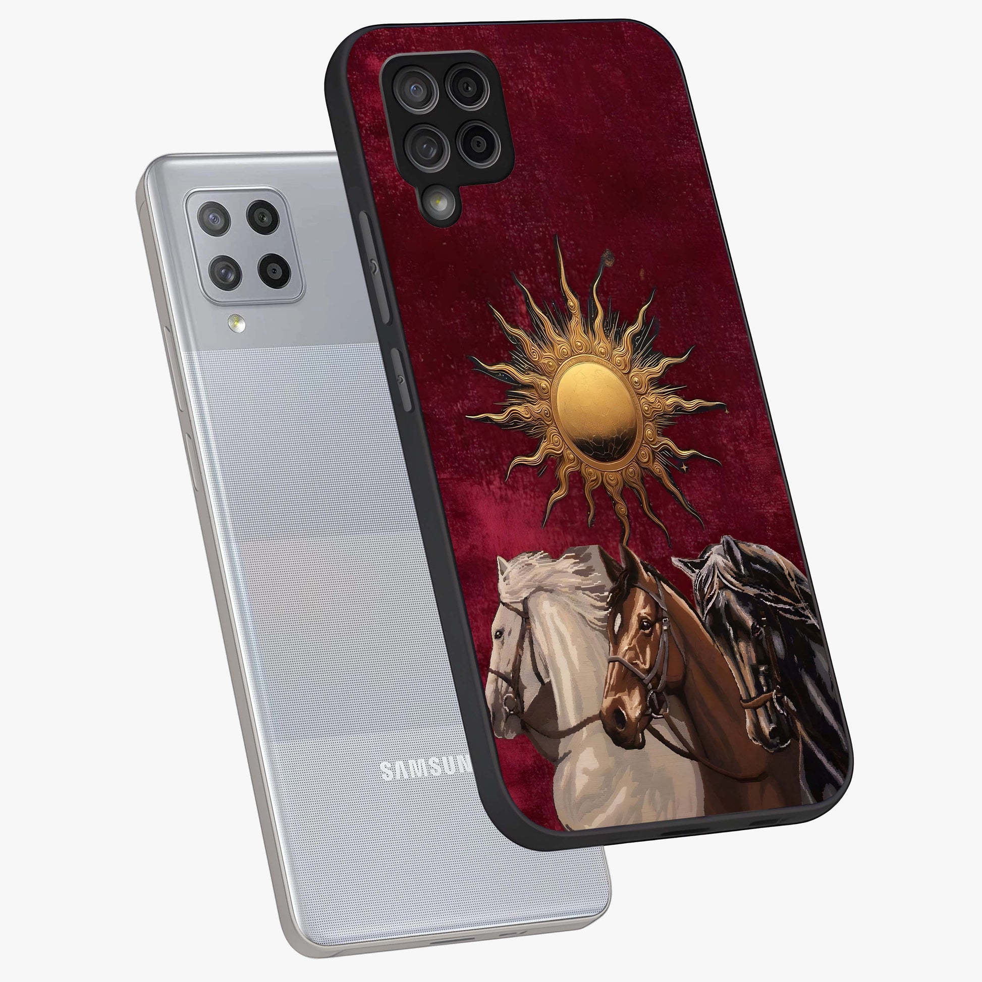 Solar Riders Glass Case displayed in angled mockup highlighting powerful rider illustration with radiant solar aesthetic.