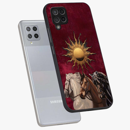 Solar Riders Glass Case displayed in angled mockup highlighting powerful rider illustration with radiant solar aesthetic.