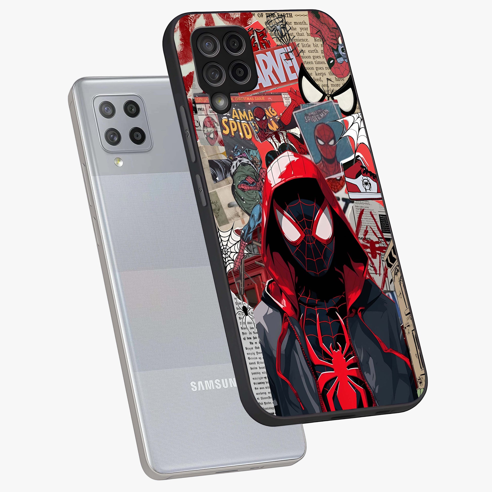 Spider Collage Street Glass Case displayed in angled mockup highlighting dynamic street style collage design with comic aesthetic.