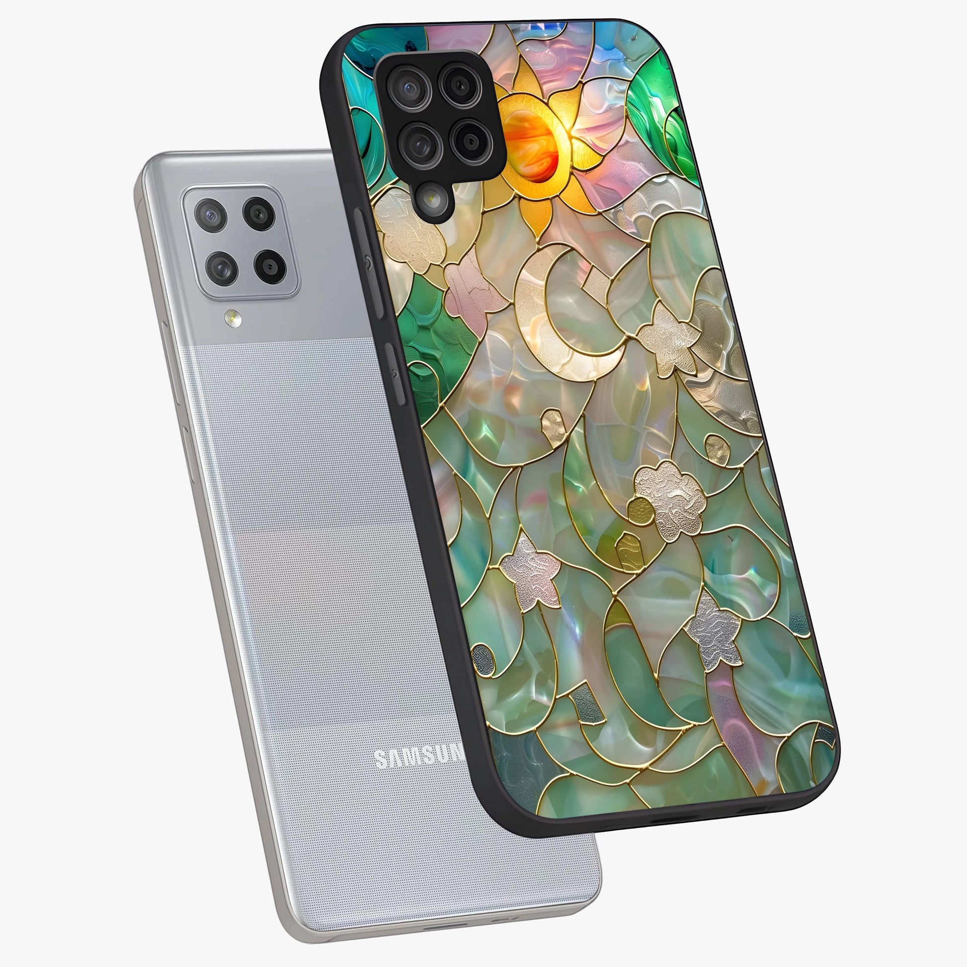 Stained Sunrise Glow Glass Case displayed in angled mockup highlighting radiant sunrise design with artistic aesthetic style.