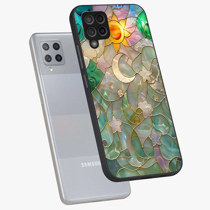 Stained Sunrise Glow Glass Case displayed in angled mockup highlighting radiant sunrise design with artistic aesthetic style.