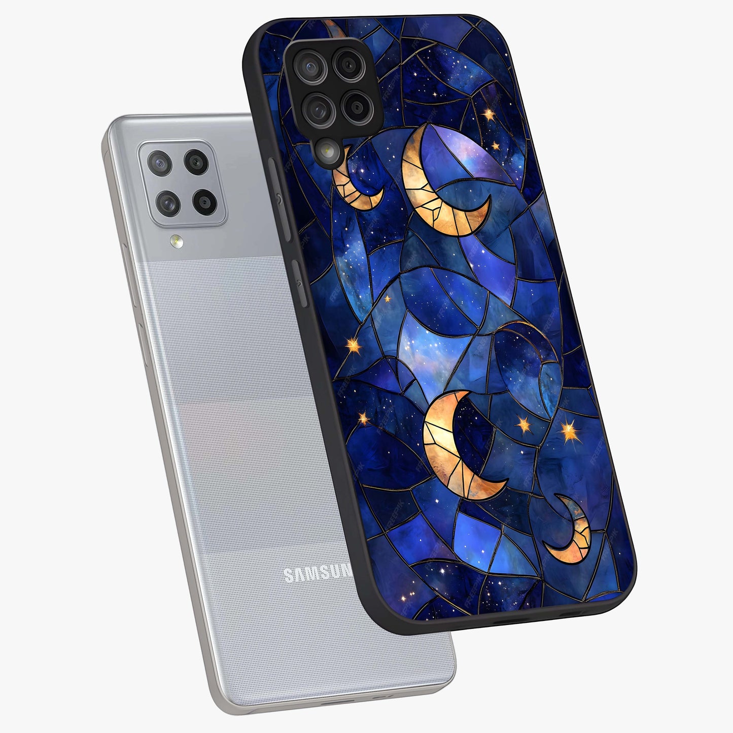 Starlit Sky Tapestry Glass Case displayed in angled mockup highlighting celestial night pattern with artistic aesthetic style.