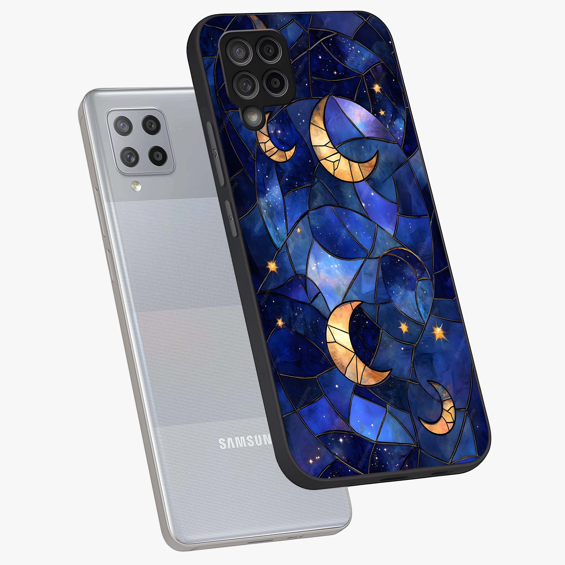 Starlit Sky Tapestry Glass Case displayed in angled mockup highlighting celestial night pattern with artistic aesthetic style.