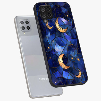 Starlit Sky Tapestry Glass Case displayed in angled mockup highlighting celestial night pattern with artistic aesthetic style.