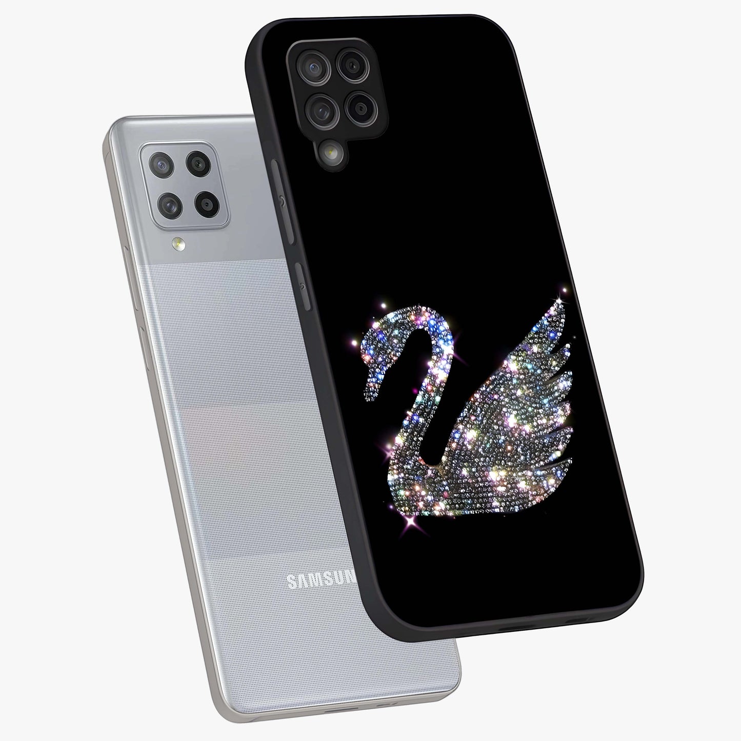 Starlit Swan Grace Glass Case displayed in angled mockup highlighting elegant swan illustration with dreamy celestial aesthetic.