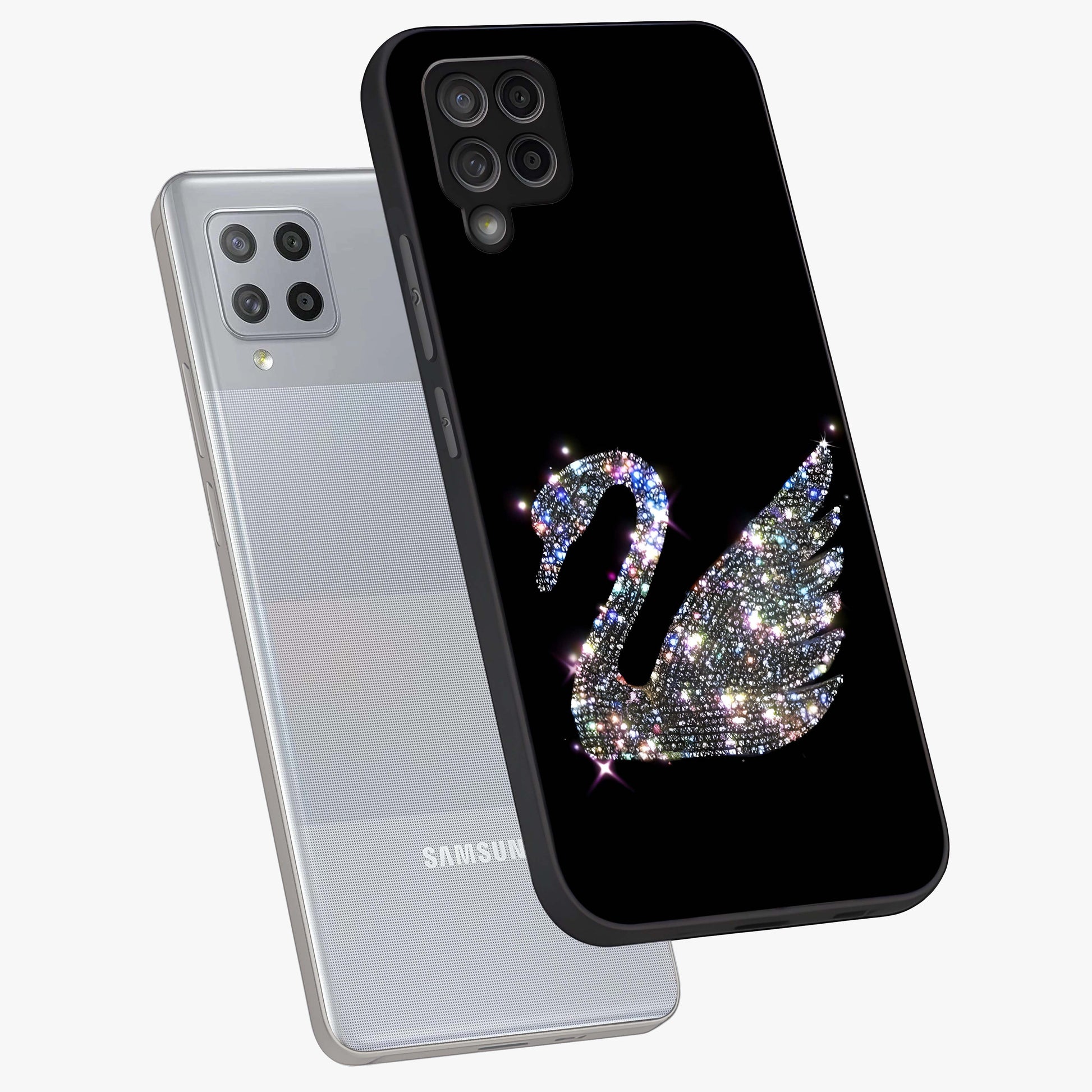 Starlit Swan Grace Glass Case displayed in angled mockup highlighting elegant swan illustration with dreamy celestial aesthetic.