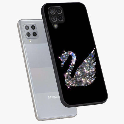 Starlit Swan Grace Glass Case displayed in angled mockup highlighting elegant swan illustration with dreamy celestial aesthetic.
