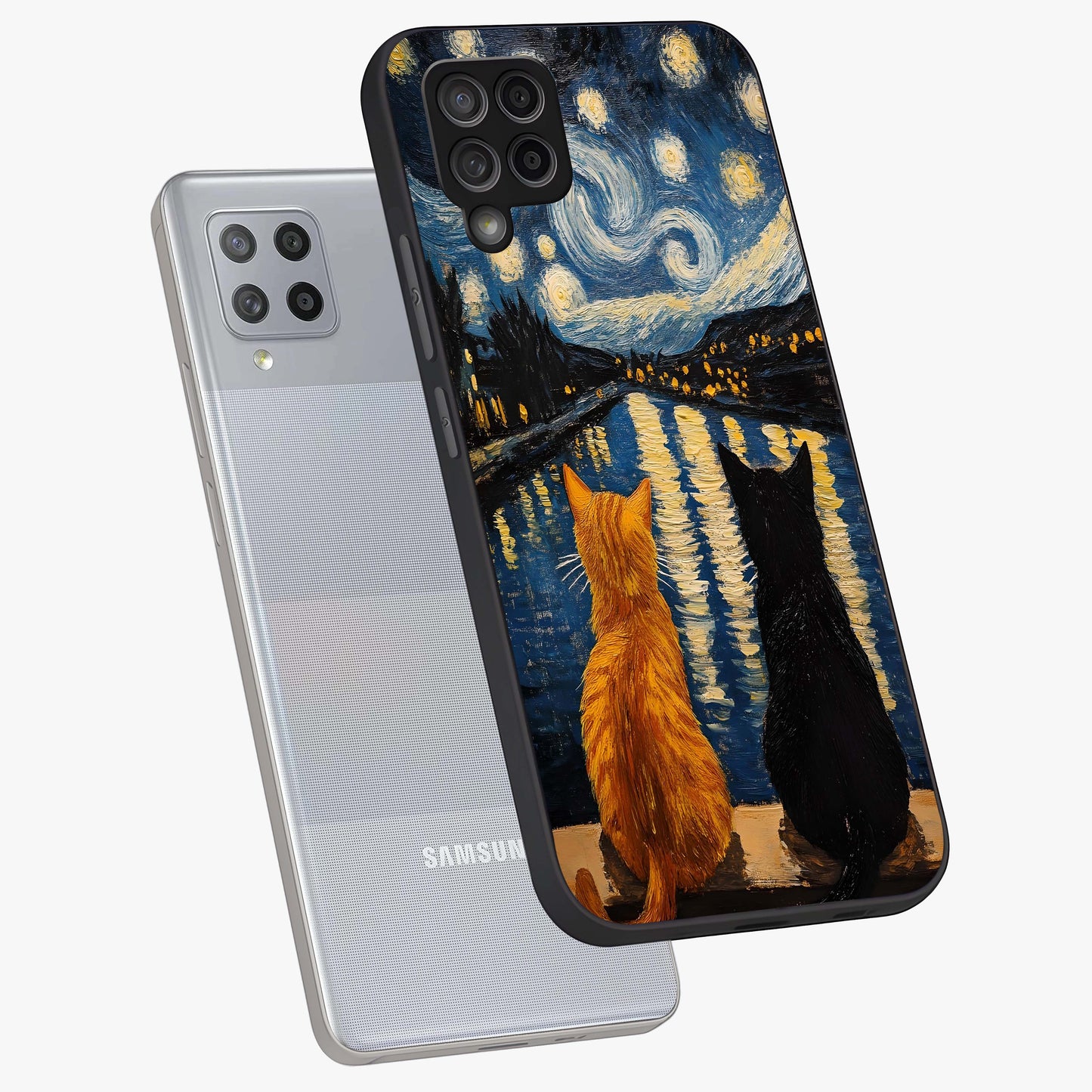 Starry River Cats Glass Case displayed in angled mockup highlighting charming feline illustration with dreamy night aesthetic.
