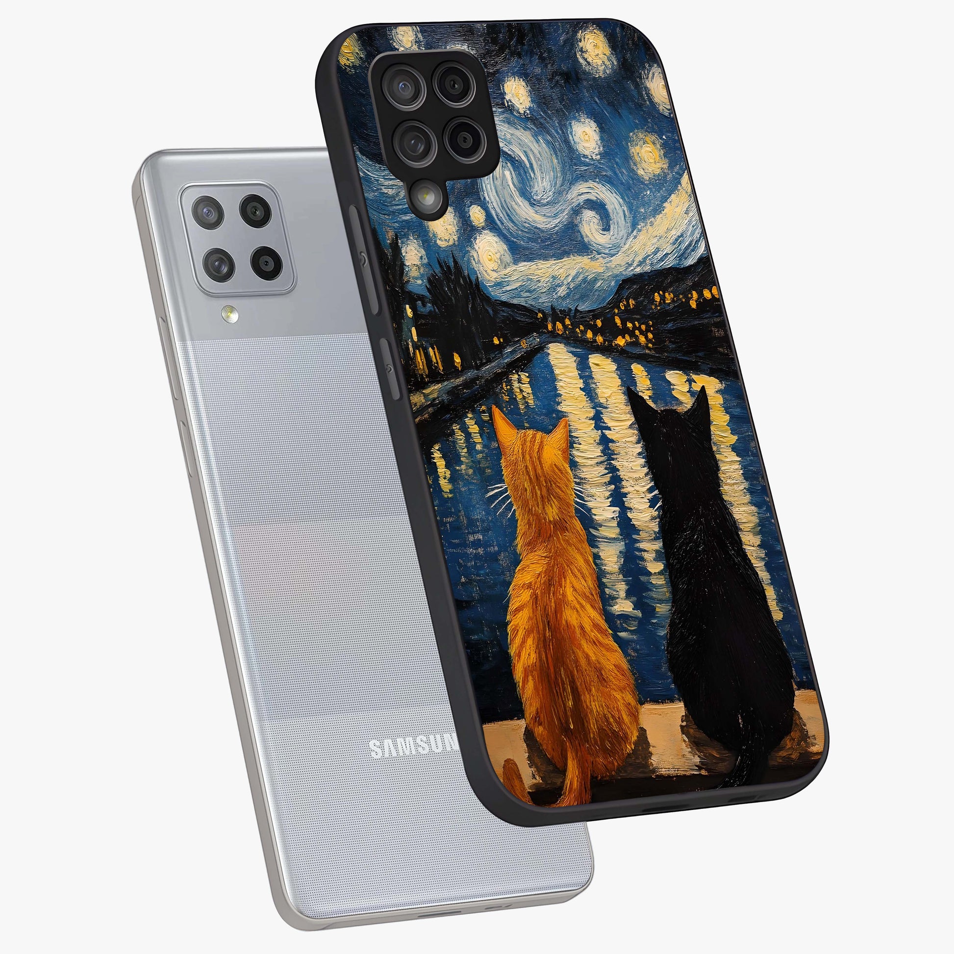 Starry River Cats Glass Case displayed in angled mockup highlighting charming feline illustration with dreamy night aesthetic.